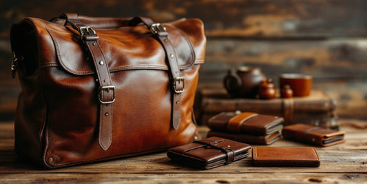 Custom leather laser engraving on full-grain leather bags and wallets displayed on a wooden table