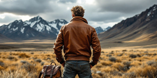 Man in a brown leather jacket facing mountains, representing the history of Wyoming Jack leather
