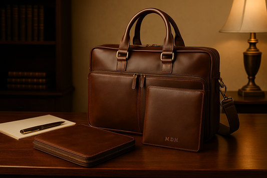 Luxurious brown leather briefcase, folio, and wallet on a polished wooden desk with a brass lamp and leather-bound books in the background, creating a refined executive gifting scene.