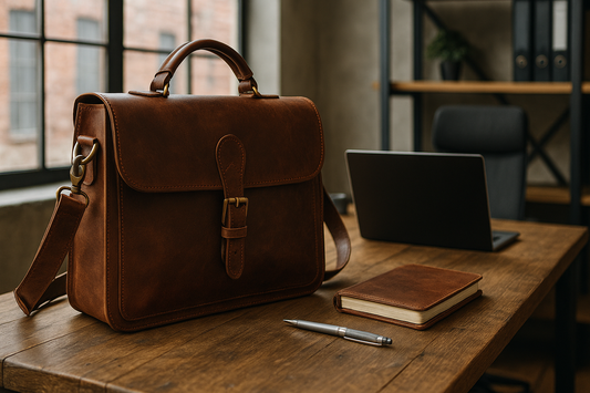 Brown full-grain leather briefcase beside a laptop, notebook, and pen on a rustic office desk with natural light and industrial shelving in the background.