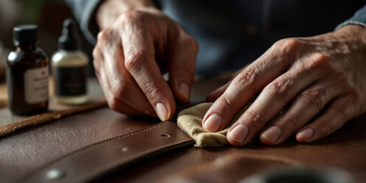 Person applying essential oils and polish while demonstrating full-grain leather care tips on a bag
