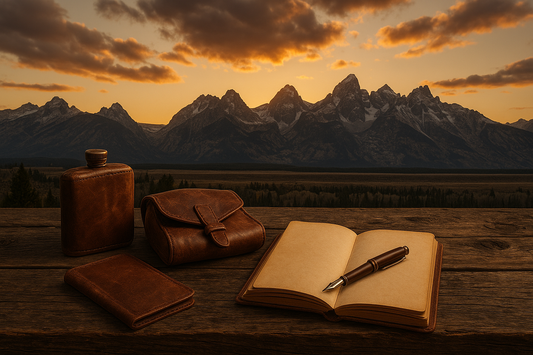 Rustic journaling items including a leather flask, pouch, wallet, and open journal with fountain pen on a weathered wooden table, set against a scenic Western American mountain range at sunset.