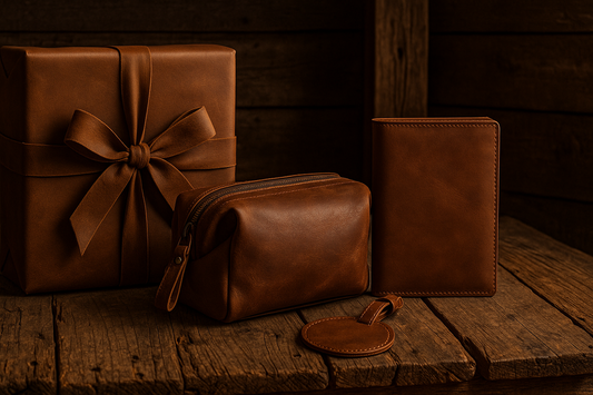 A rustic wood table displaying a wrapped leather gift box, dopp kit, wallet, and round luggage tag in warm lighting—capturing the handcrafted charm of meaningful leather gifting.