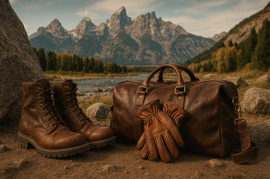 Brown leather boots, gloves, and a duffle bag set on rugged ground beside a large rock, with a Western American mountain range and flowing river in the background.