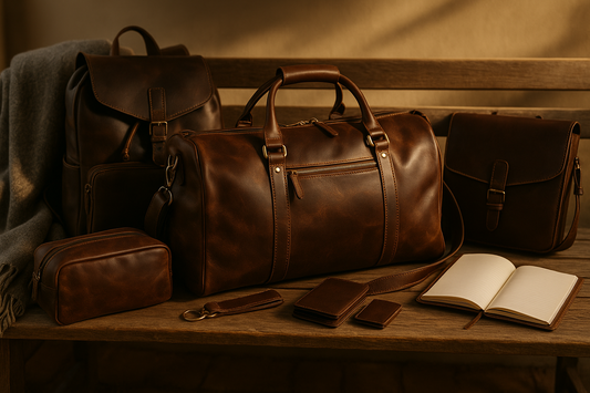 Leather duffle, backpack, and messenger bags with travel accessories arranged on a rustic wooden bench in golden hour lighting, ideal for weekend escapes with style and function.