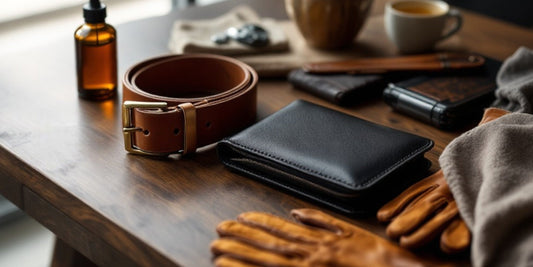 Leather goods on a wooden table showcasing when not to oil leather goods including belt, wallet, and gloves