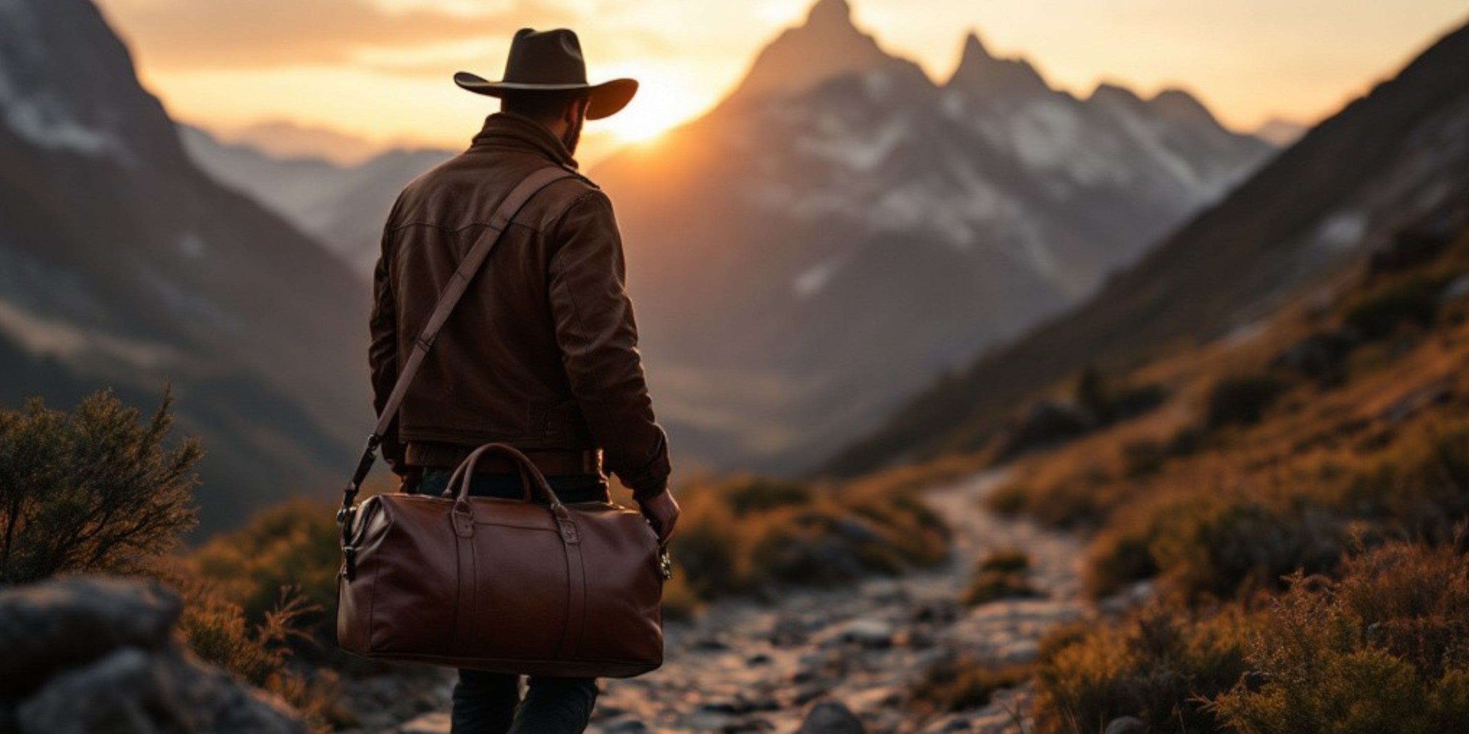 Traveler carrying Wyoming Jack full-grain leather bag across rugged Western landscape