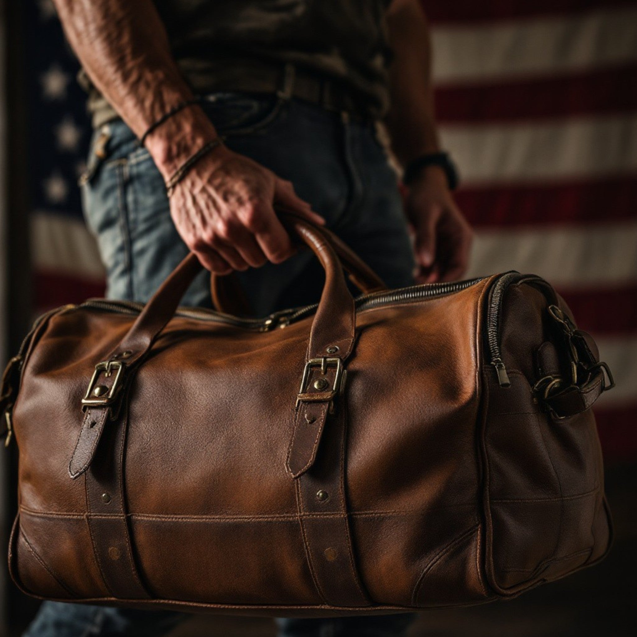 Traveler carrying Wyoming Jack leather duffle bag through rugged Western trails