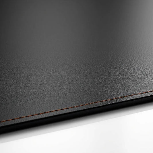 Close-up of Wyoming Jack full-grain leather desk mat featuring a sleek black finish and elegant stitching