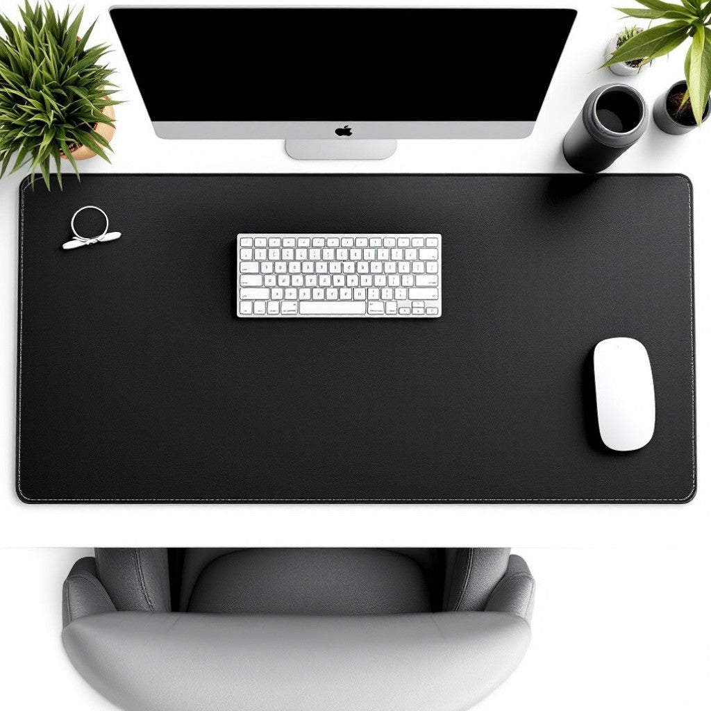 Spacious full-grain leather desk mat for a sleek workspace with keyboard and mouse setup