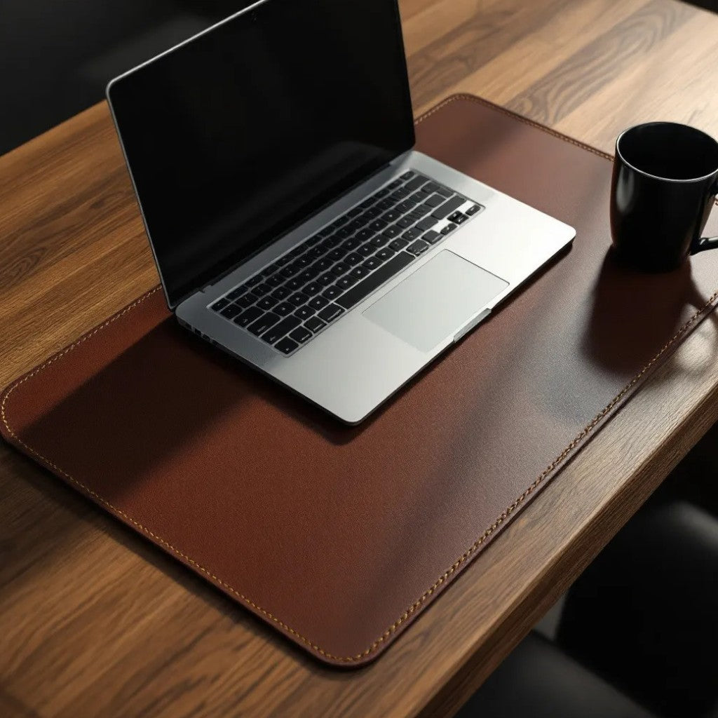 Wyoming Jack full-grain leather desk pad with a laptop and coffee cup on a wooden desk