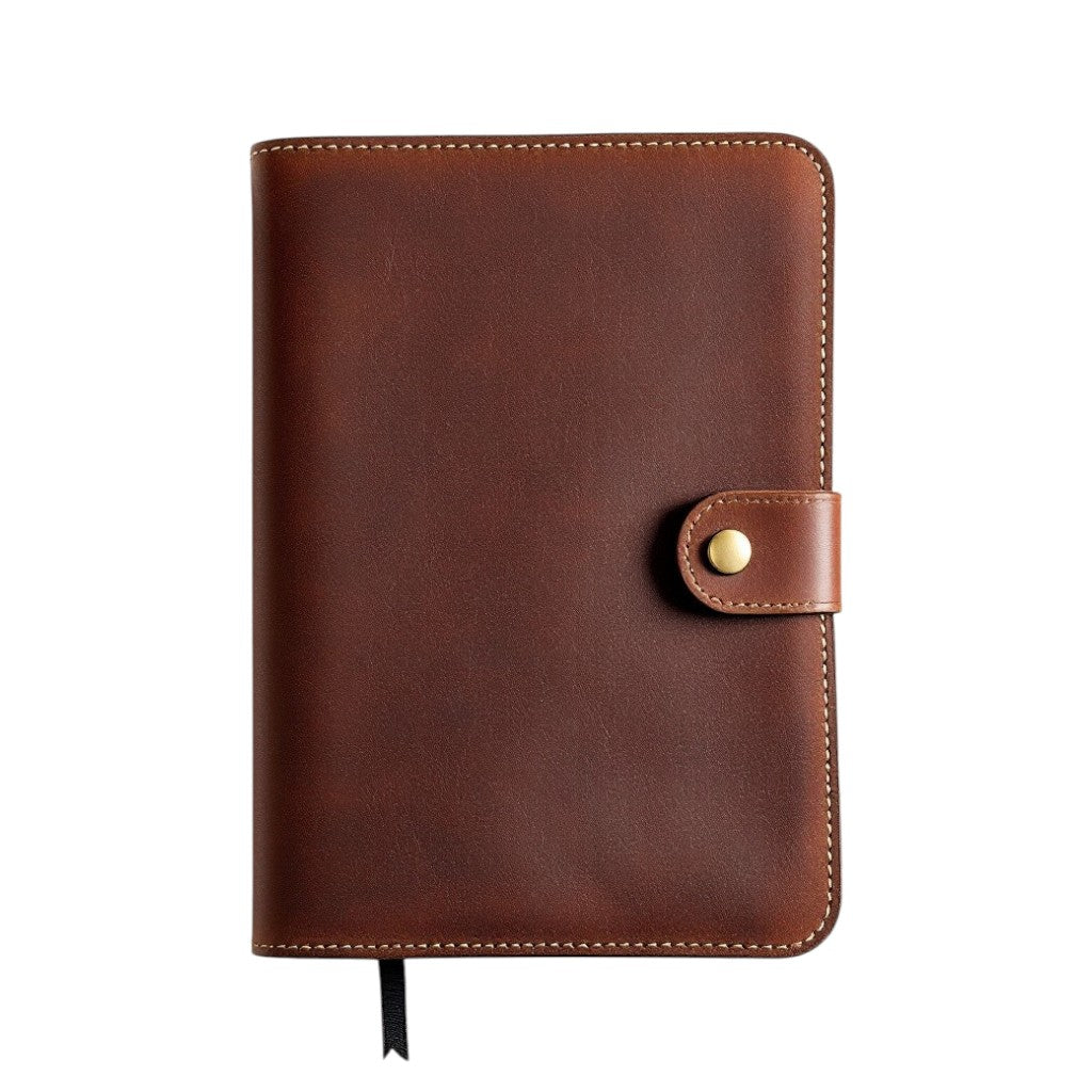 Brown full-grain leather journal with a button closure and contrasting stitching for elegant writing.