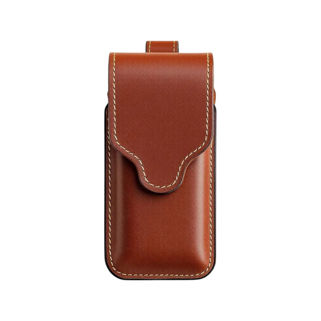 Wyoming Jack full-grain leather phone holster in a classic brown color with secure closure