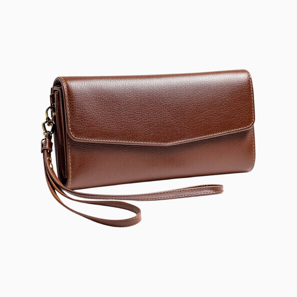 Wyoming Jack full-grain leather women's wallet in rich brown with a convenient wrist strap