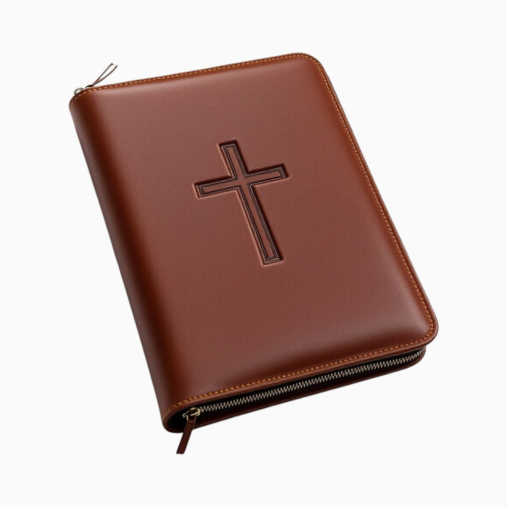 Wyoming Jack full-grain leather bible cover with embossed cross design and zipper closure