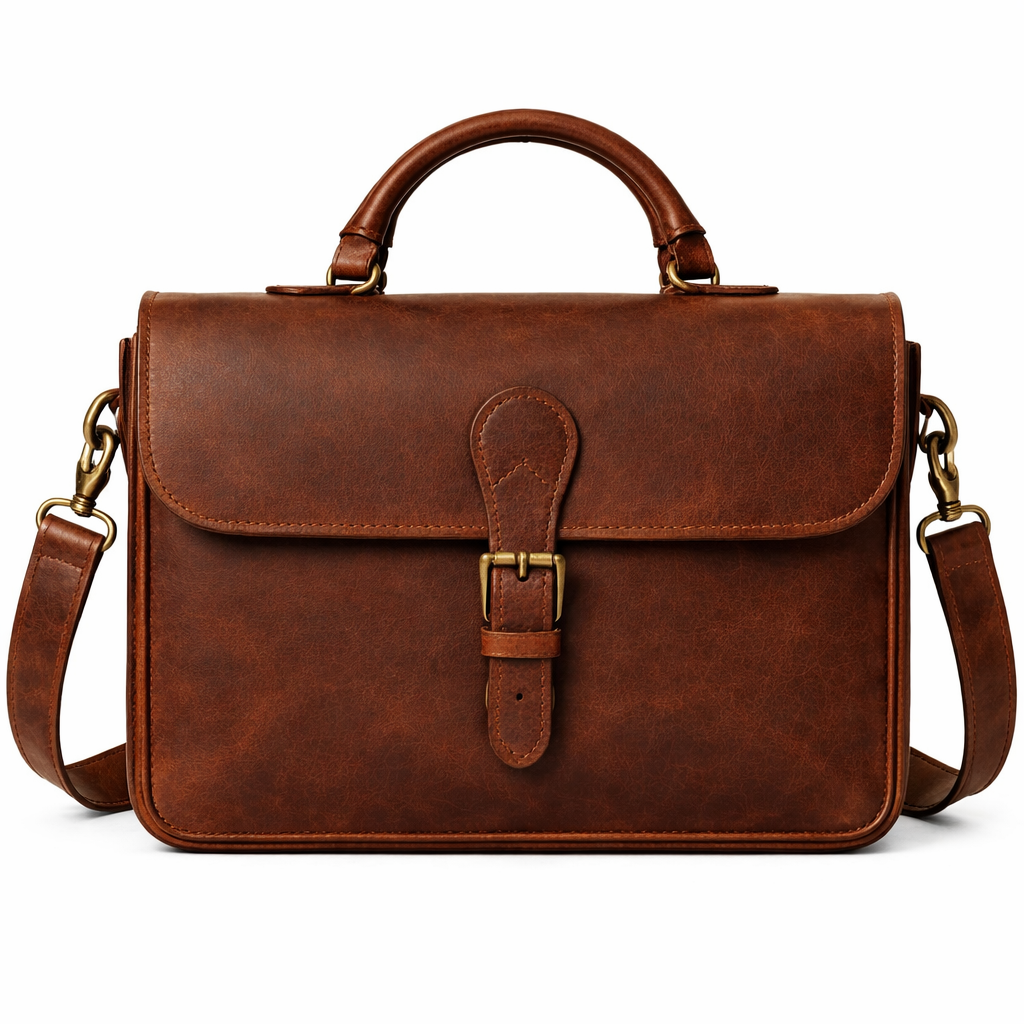 Brown full-grain leather Wyoming Jack briefcase with a sleek, professional design, featuring a sturdy handle and personalized detailing.