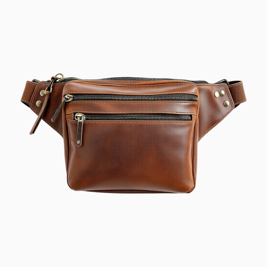 Wyoming Jack full-grain leather fanny pack with multiple zippered pockets for stylish convenience