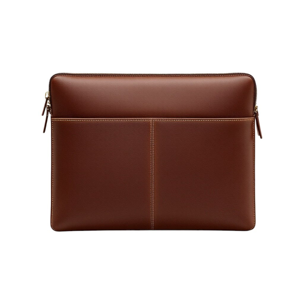 Wyoming Jack full-grain leather laptop sleeve in rich brown with a sleek design and zipper closure