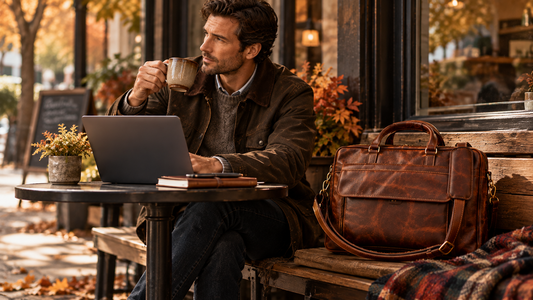Man working at an outdoor café in fall with a brown full-grain leather briefcase