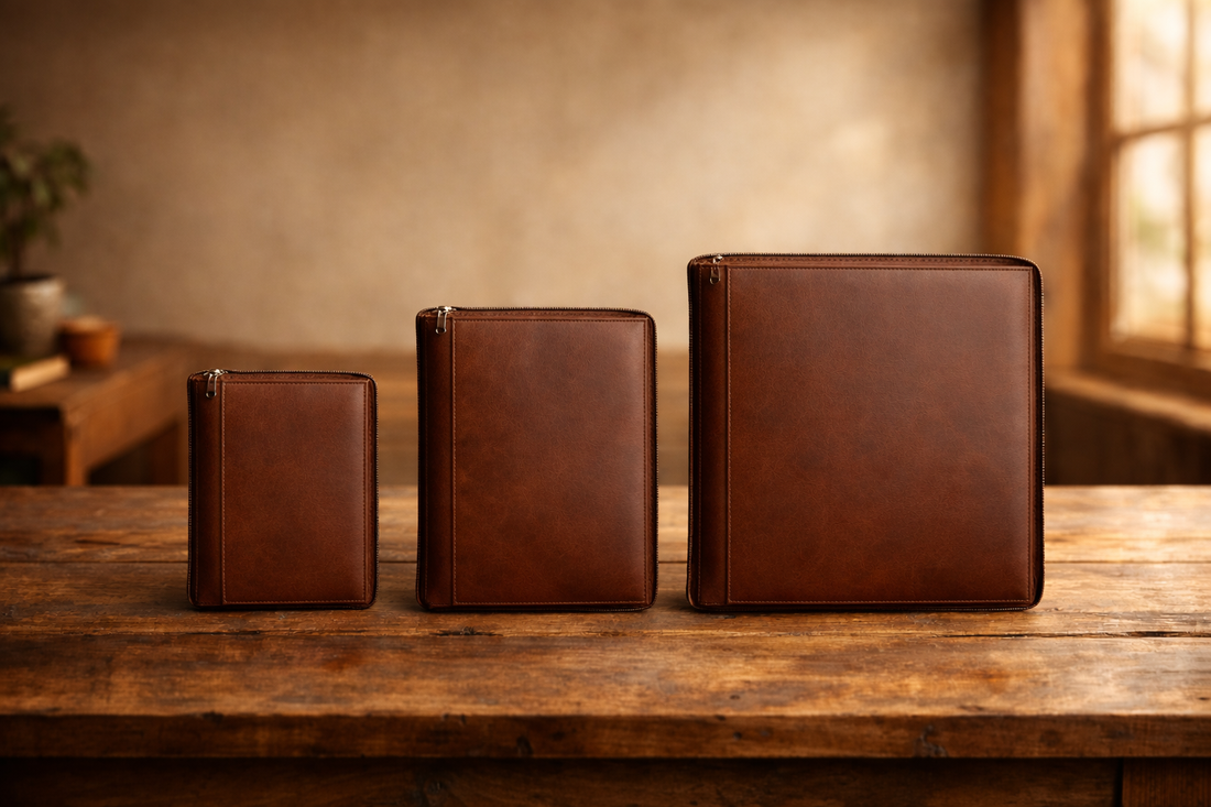 Premium full-grain leather portfolios in A5, A4, and US Letter sizes displayed on a coffee shop table with notepads and pen