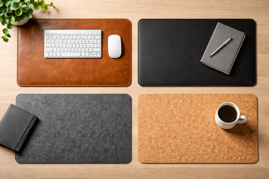 Top-down view of four desk mats made from different materials—cognac full-grain leather, black faux leather, gray wool felt, and natural cork—arranged on a light wood desk with minimal workspace accessories.