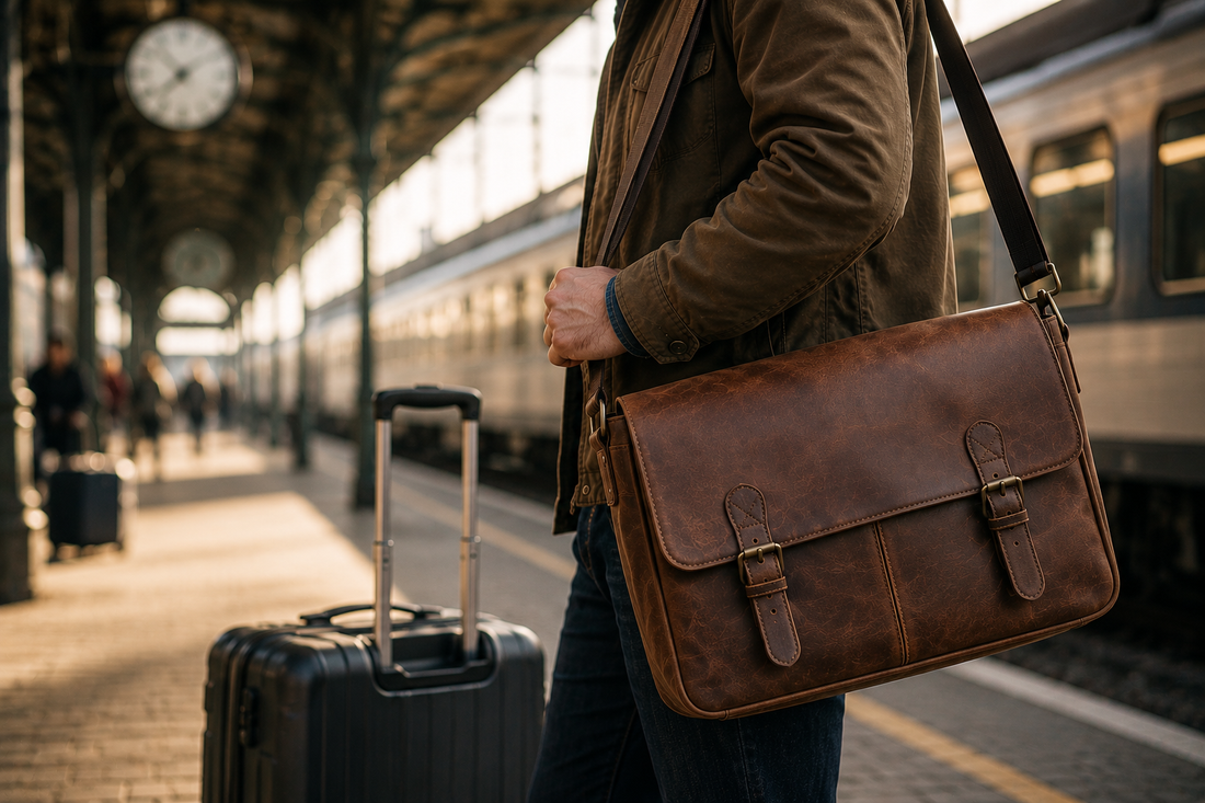 Traveler carrying a brown leather messenger bag beside a rolling suitcase at a train station platform.