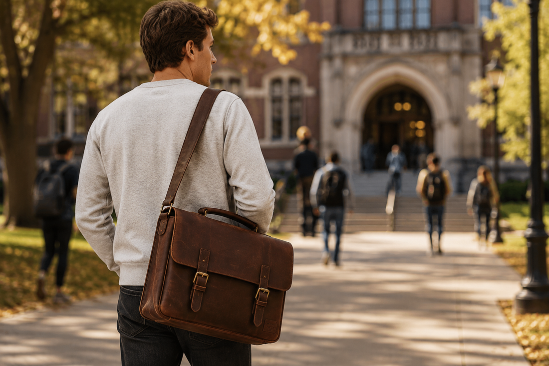 Young college student carrying a brown leather messenger bag across a university campus.