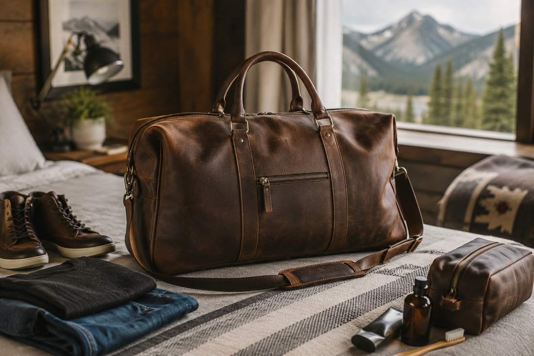 Leather duffle bag packed for a weekend trip in a cozy mountain cabin
