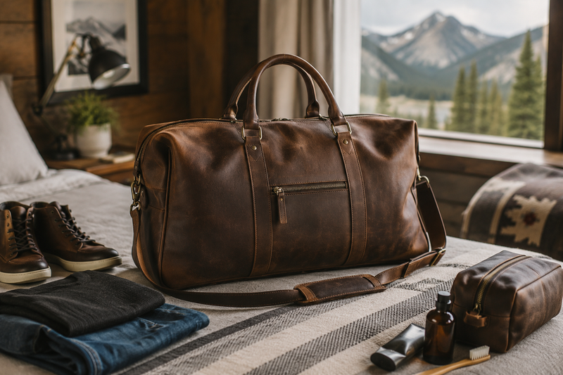 Leather duffle bag packed for a weekend trip in a cozy mountain cabin