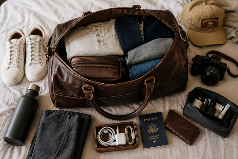 Packed leather duffle bag with travel essentials for a weekend trip.