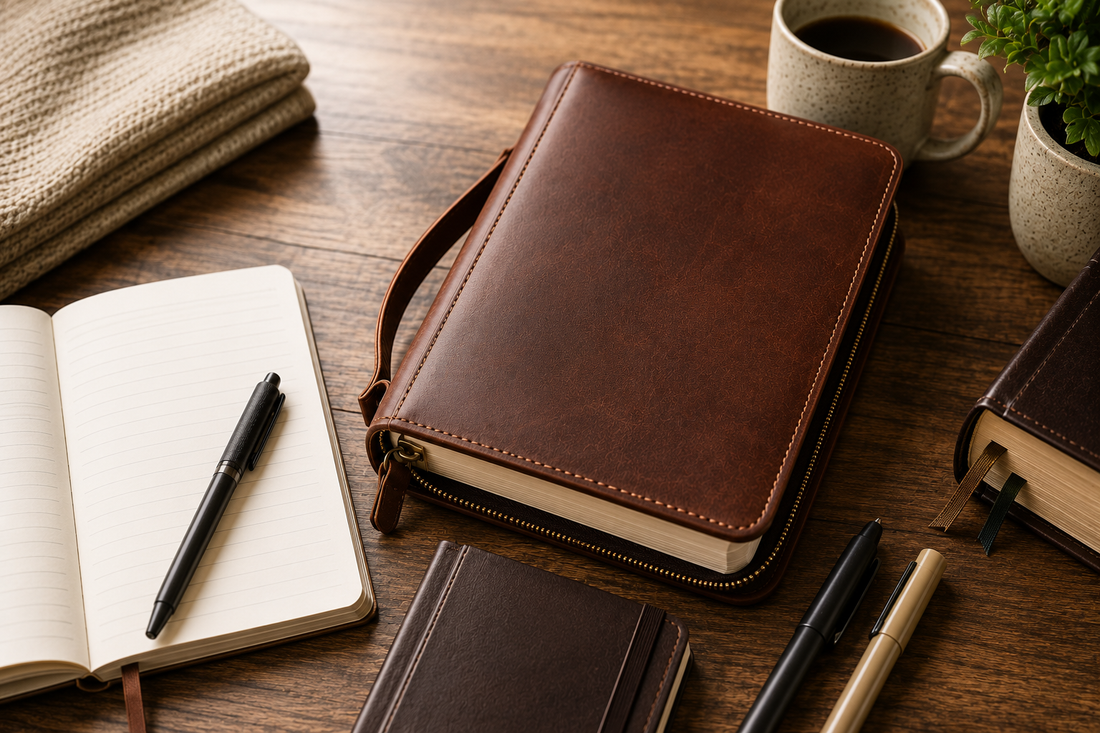 A warm, rustic flat lay of a leather Bible cover protecting a Bible alongside an open notebook, pens, a coffee mug, and a small potted plant on a wooden desk, creating an inviting workspace for Bible study, journaling, and daily devotion.