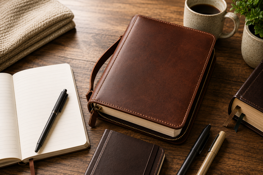 A warm, rustic flat lay of a leather Bible cover protecting a Bible alongside an open notebook, pens, a coffee mug, and a small potted plant on a wooden desk, creating an inviting workspace for Bible study, journaling, and daily devotion.