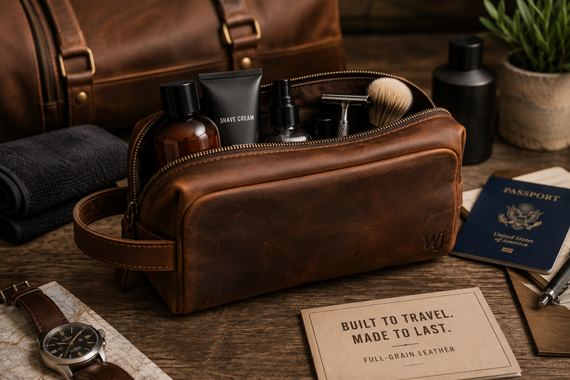 Full-grain leather dopp kit filled with grooming essentials on a wooden surface beside travel accessories, illustrating the timeless style and practicality of a premium leather toiletry bag for business trips and travel.