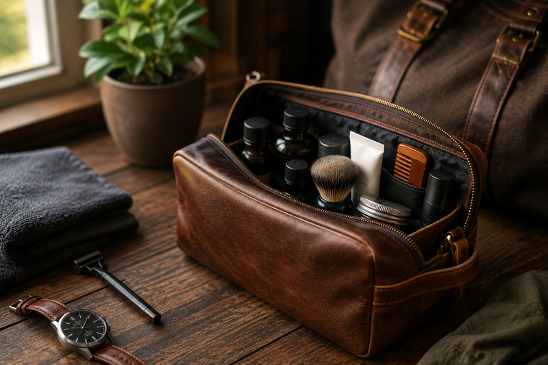 Premium full-grain leather toiletry bag filled with men's grooming essentials on a wooden table, styled with travel accessories in a warm lifestyle setting