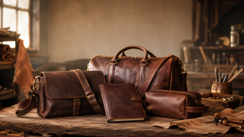 Premium full-grain leather duffle bag, messenger bag, portfolio, and toiletry bag displayed on a rustic wooden workbench in a warm leather workshop with artisan tools and natural golden light, showcasing craftsmanship and rich leather texture.