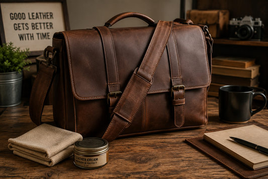 Premium full-grain leather messenger bag displayed on a rustic wooden desk