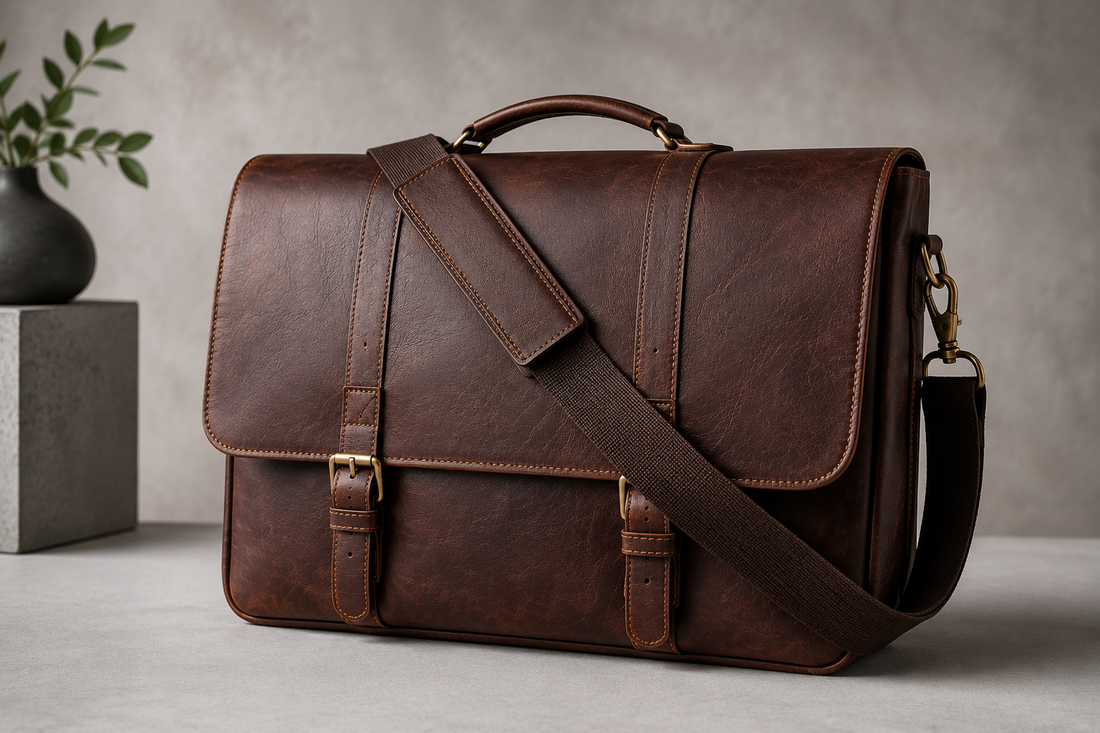 Business professional carrying a handcrafted full-grain leather messenger bag while commuting through a modern city, showcasing timeless style for office work and daily travel.