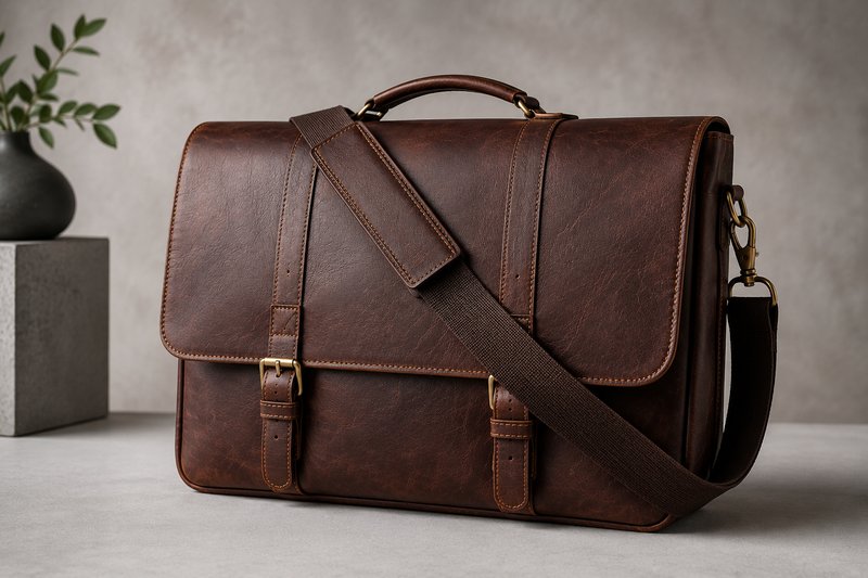 Business professional carrying a handcrafted full-grain leather messenger bag while commuting through a modern city, showcasing timeless style for office work and daily travel.