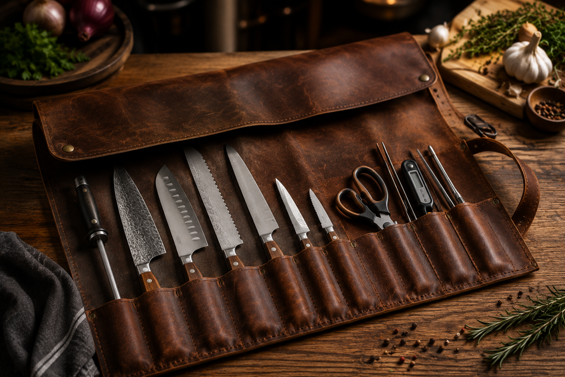 Premium full-grain leather knife roll with chef knives and culinary tools on a rustic wooden kitchen countertop.