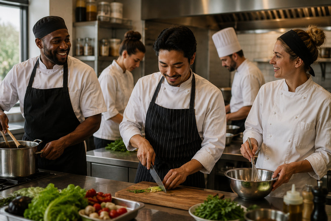 Professional chefs working together in a commercial kitchen, representing the professionals who benefit from the best leather knife roll for safely transporting chef knives