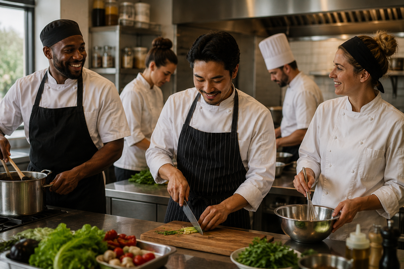 Professional chefs working together in a commercial kitchen, representing the professionals who benefit from the best leather knife roll for safely transporting chef knives