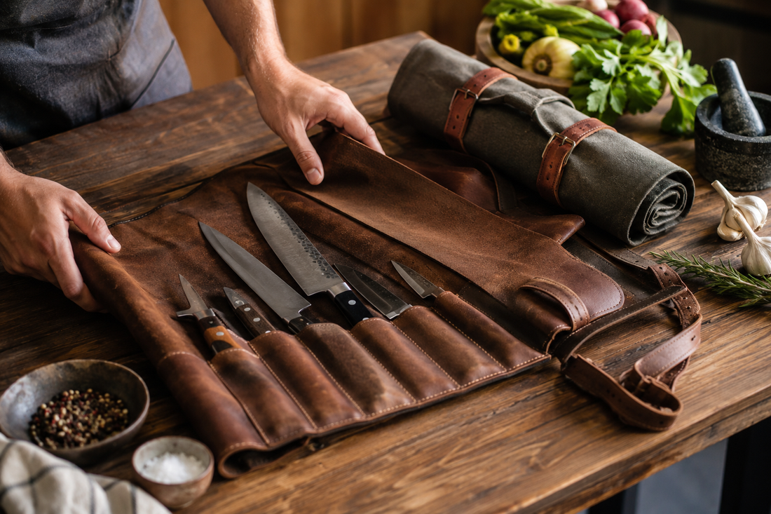 "Professional chef unrolling a premium full-grain leather knife roll on a rustic wooden kitchen table with chef knives, fresh herbs, garlic, and vegetables in a warm culinary workspace.