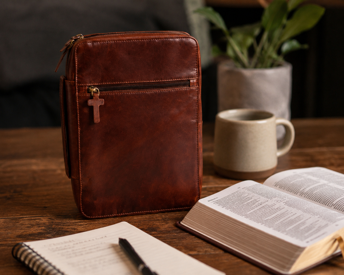 a Bible in a full-grain leather Bible cover at a wooden desk with a notebook and coffee mug in a cozy home study.
