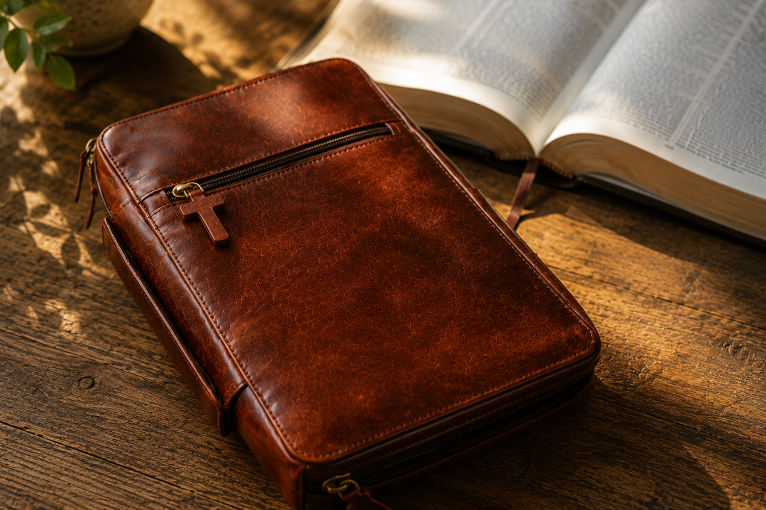Handcrafted full-grain leather Bible cover displayed beside an open Bible on a rustic wooden table, highlighting the natural leather grain and premium craftsmanship.