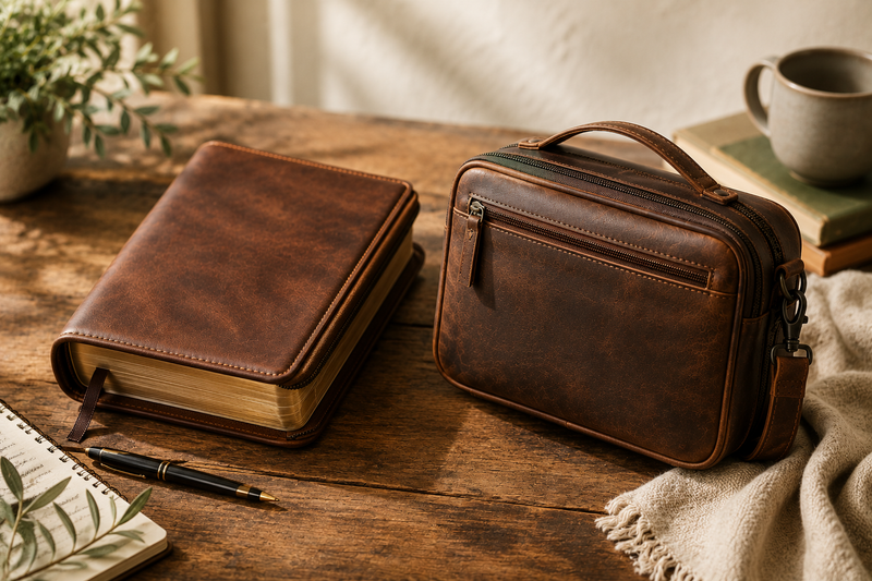Leather Bible cover and Bible case displayed side by side on a rustic wooden table, comparing two ways to protect and carry a Bible.