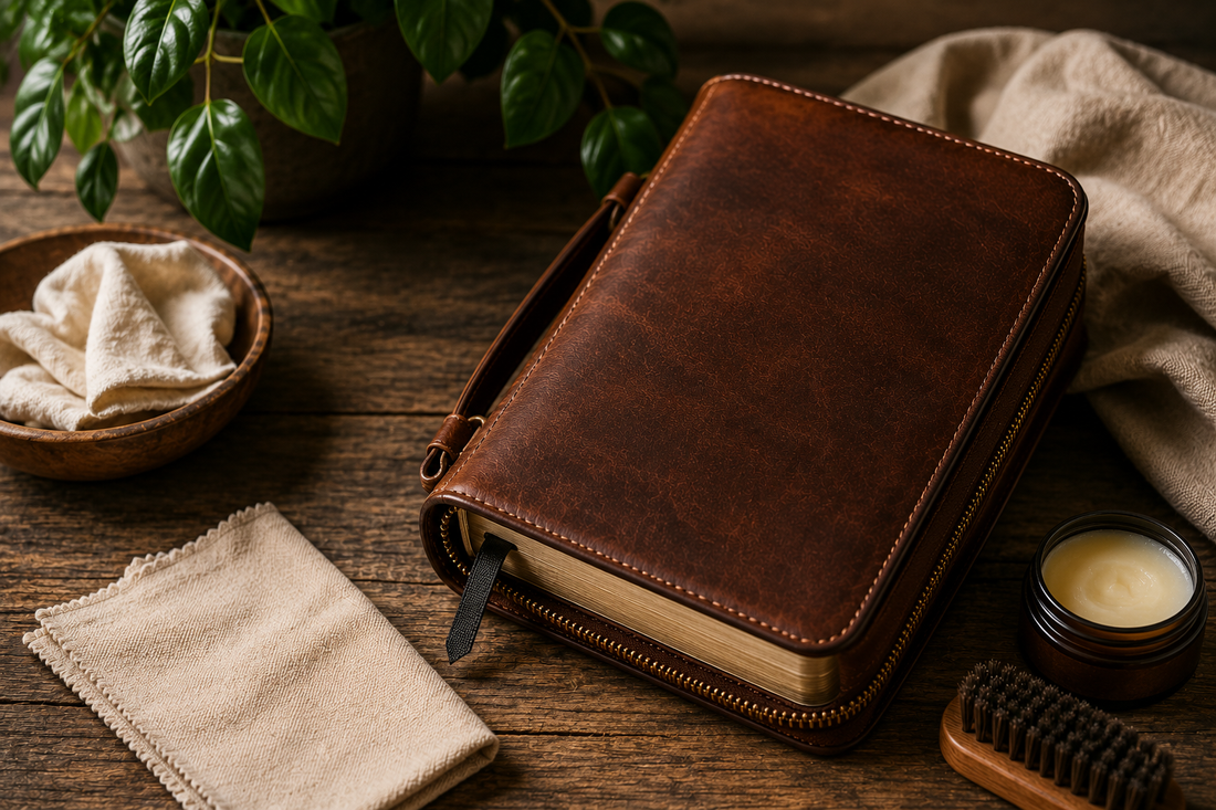 A premium full-grain leather Bible cover resting on a rustic wooden table alongside a microfiber cloth, leather conditioner, and soft brush, illustrating proper leather care and maintenance in a warm, natural setting.