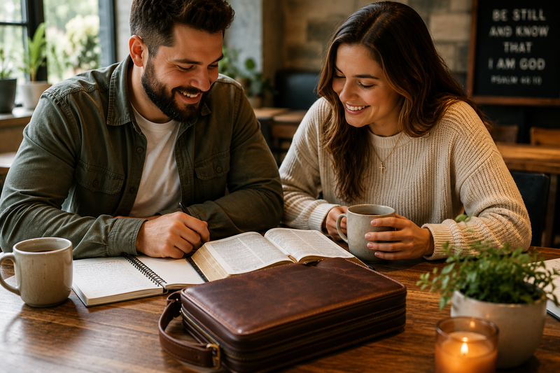 Two Christians studying the Bible together with a full-grain leather Bible cover on a wooden table in a warm, inviting setting.