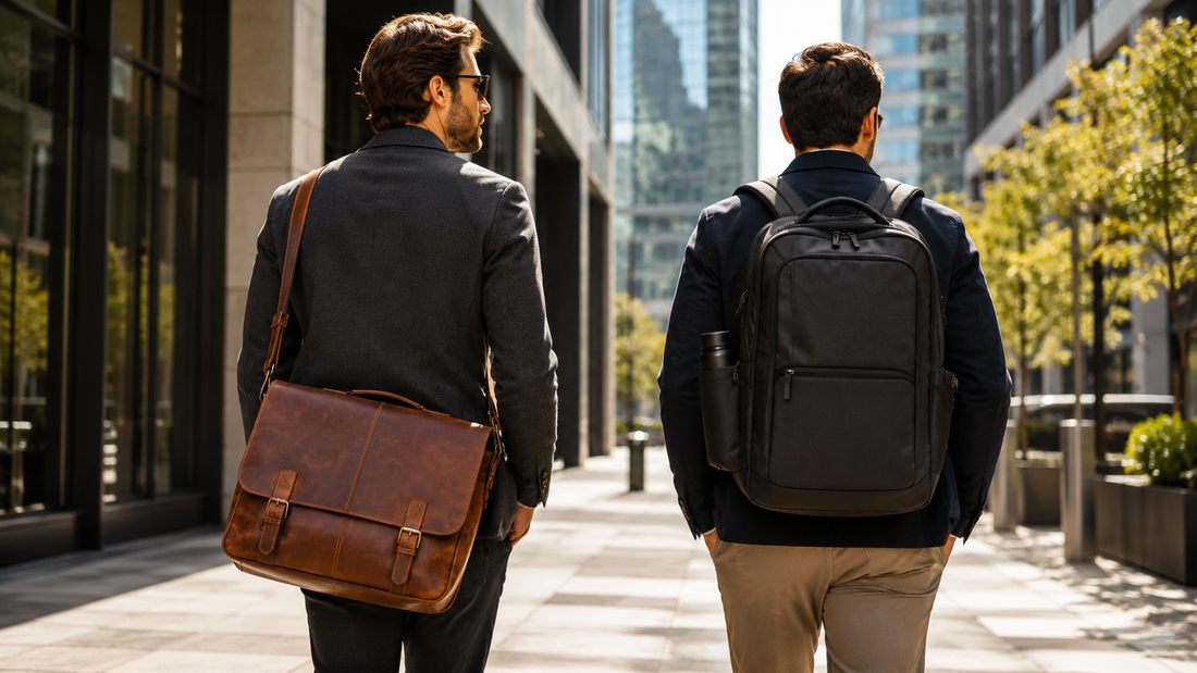 Professional carrying a leather messenger bag and backpack in a modern city workplace setting.