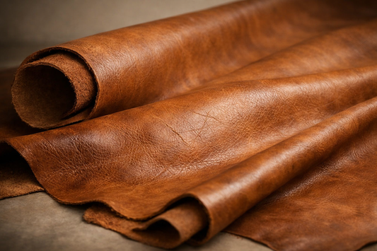 Full-grain leather hide close-up showing natural grain, rich brown tone, and authentic texture.