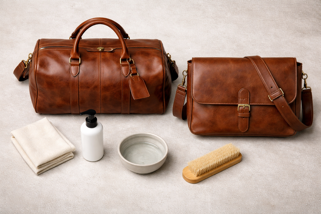 Leather cleaning setup with duffle bag and messenger bag, leather cleaner, soft brush, microfiber cloth and water bowl on neutral background